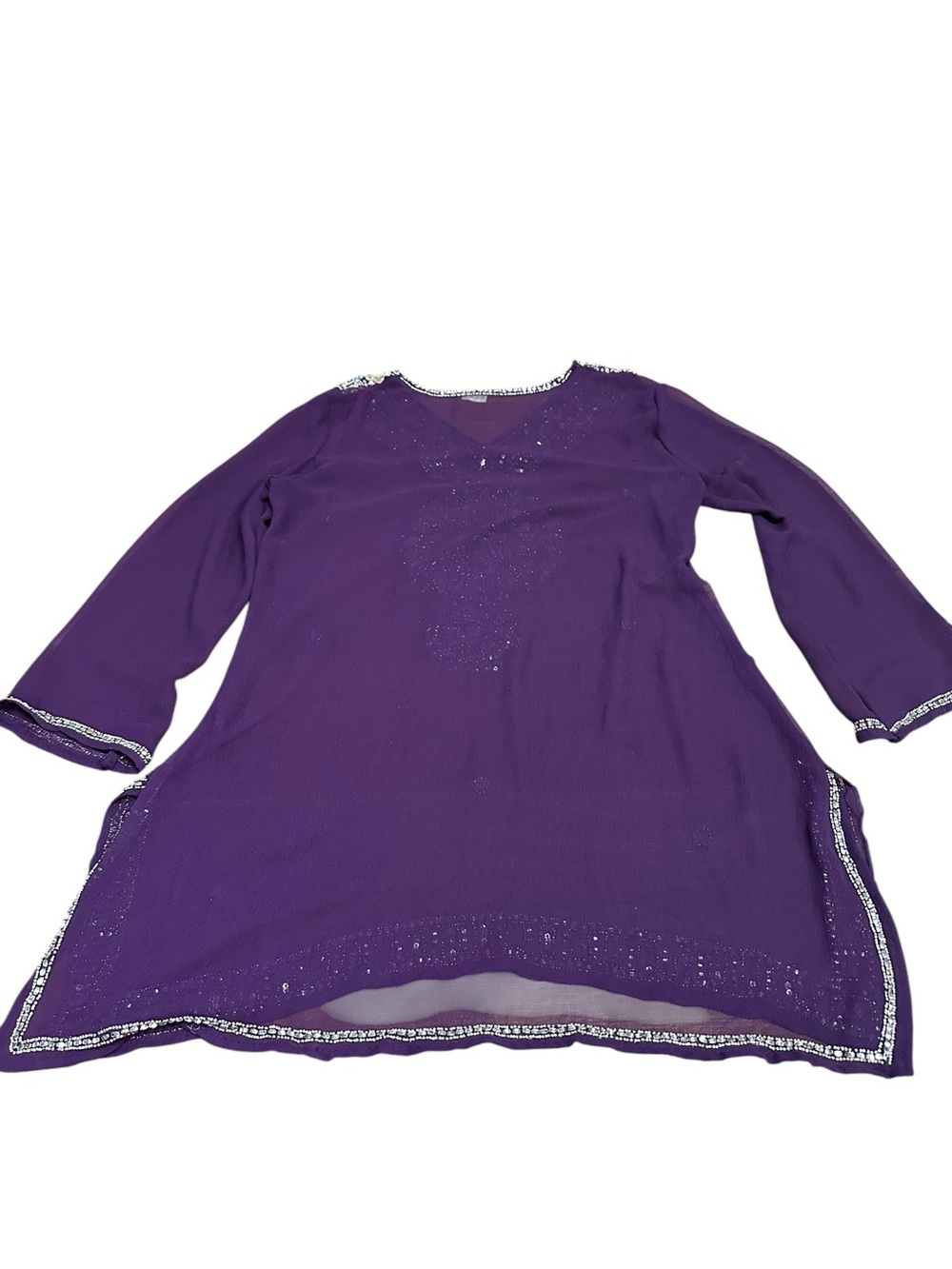 Made in India Embellished Purple Tunic Dress‎ Top 2XL Beaded Sequin Sheer Sleeve - Picture 7 of 14